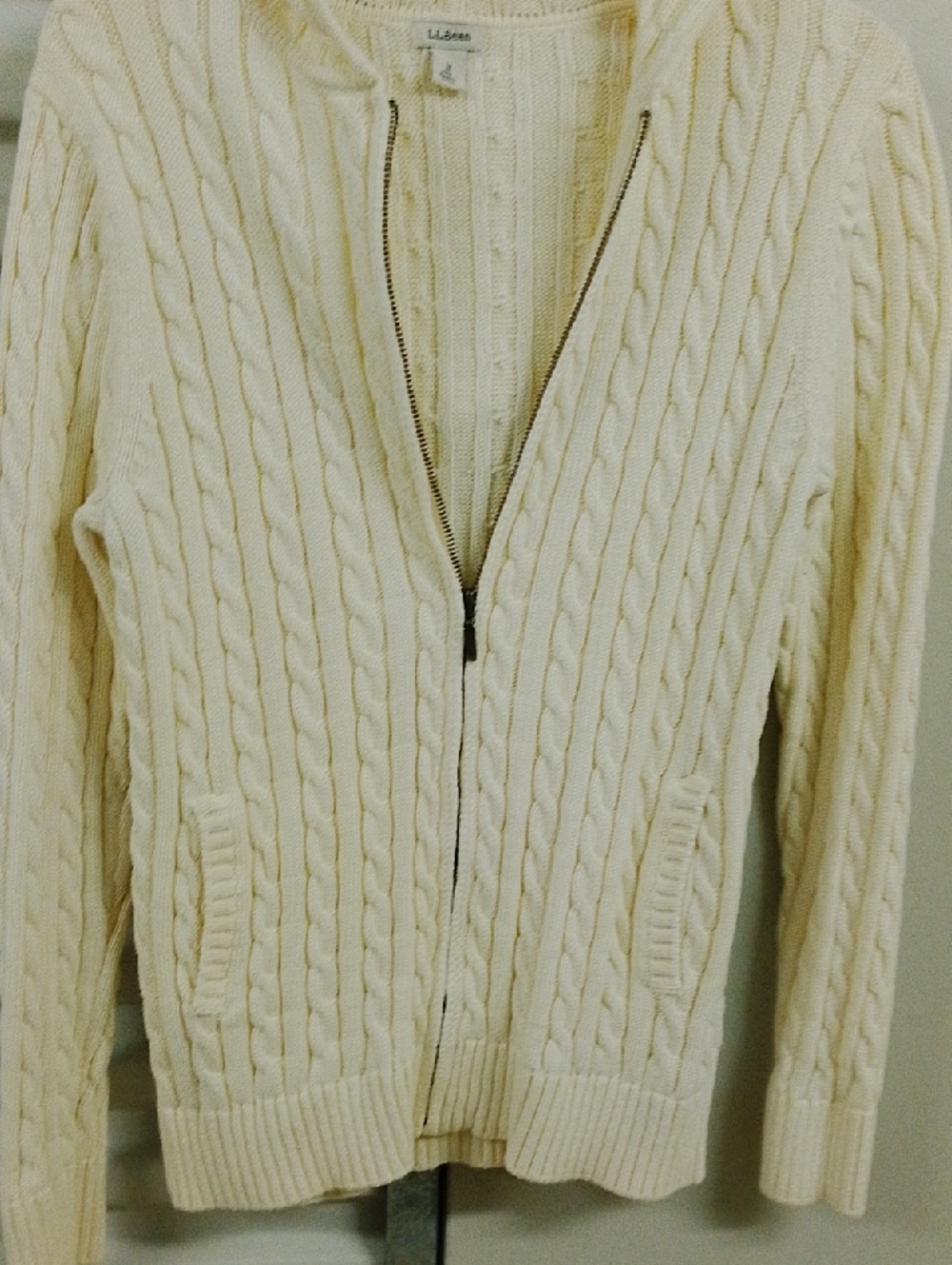 L.L. Bean Cream Cable-Knit Zip Cardigan